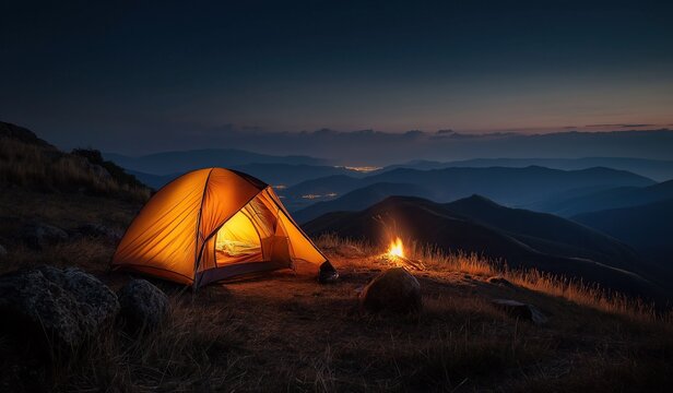 A glowing tent and crackling campfire illuminate a serene mountain hillside under a starry night sky, surrounded by towering trees with ample copy space for text