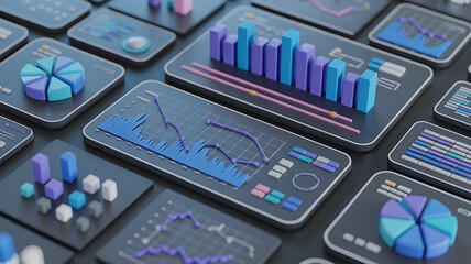 A collection of modern digital dashboards displaying various data visualizations and analytics