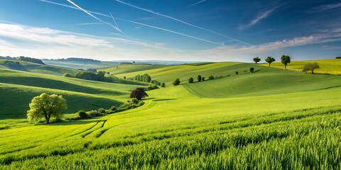 Obraz premium Expansive Green Fields Landscape Bright Blue Sky & Rolling Countryside