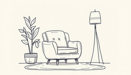Charming Hand-Drawn Armchair with Whimsical Face, Plant, and Lamp in Cozy Minimalist Interior Line Art