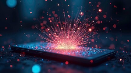 Smartphone lying on a reflective surface emitting vibrant colorful particles in orange and red hues, creating a dynamic and magical visual effect