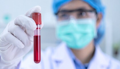 A scientist holding a blood sample in a lab