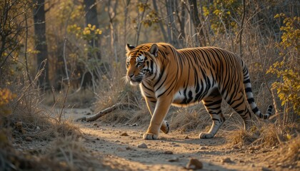 Obraz premium striped tiger walking in the wild