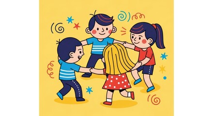 Happy Cartoon Children Holding Hands and Dancing in a Joyful Circle on a Vibrant Yellow Background.