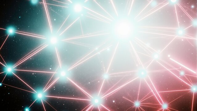 3d Visual representation of interconnected AI nodes forming a vast digital network, glowing with vibrant pastel colors. Ideal for showcasing artificial intelligence, machine learning, data processing,