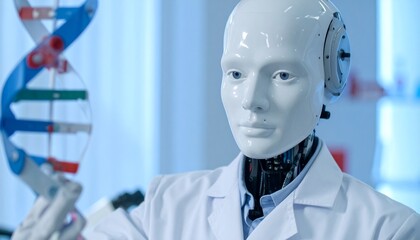 A robotic scientist examines the DNA structure with focused attention. The robotic scientist is wearing a lab coat