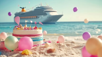 Beach birthday cake with cruise ship in background.