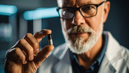 A close-up shot of a senior scientist holding a single pill, examining the medication with a look of focus and expertise.
