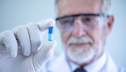 A scientist is holding a medical capsule in a research laboratory setting. Focus on the capsule with blurred scientist background. He wears gloves and glasses.
