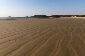 view of the sand beach with sea