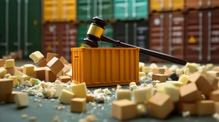 Gavel and damaged goods in shipping container.