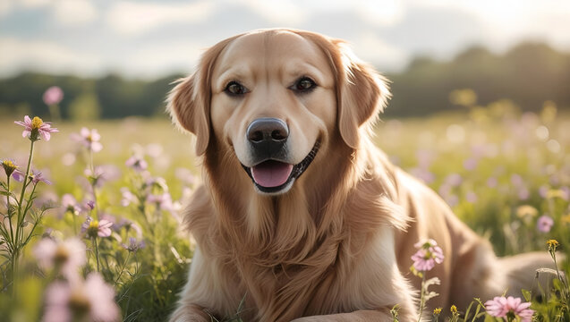 A serene Golden Retriever dog enjoys a warm sunny day, resting among blooming flowers in a lush green meadow. - Powered by Adobe