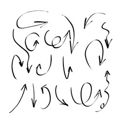 Spiral arrows, hand-drawn. Vector illustration. A set of spiral doodle arrows, isolated on a white background. Fancy line rotation, wave curve, arrows.