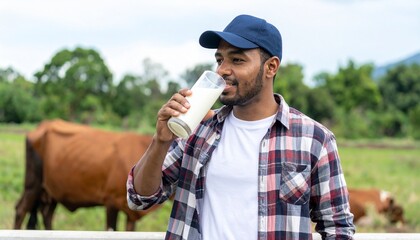 A man taking a refreshing drink of milk in a serene farm setting. The person is enjoying a fresh glass of milk