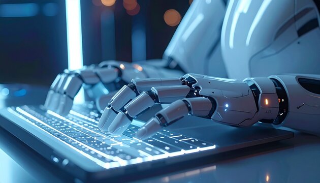 Robotic hands typing on a computer keyboard, reflecting technological innovation and artificial intelligence
