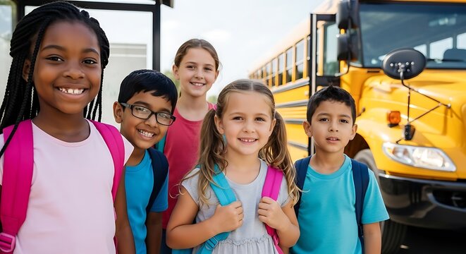 Group of smiling children standing in front of a yellow school bus wearing backpacks ready for school
