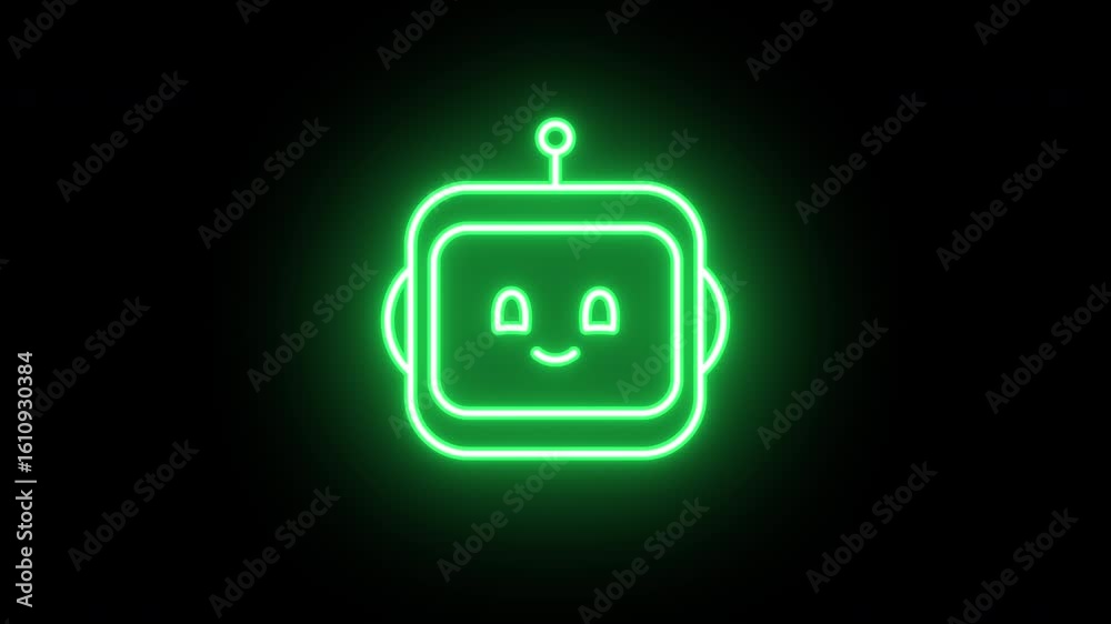 Poster neon chat bot icon animation, uniform rotation with color blink. glowing neon 3d robot face icon, lo