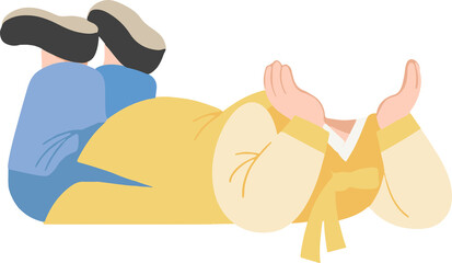 Child in Hanbok with flower cup pose photo montage template, Korean kid lying down for Seollal and Chuseok holiday greeting,  illustration for face swap.