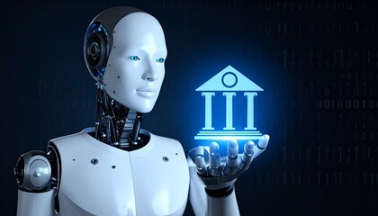 A futuristic robot holding a glowing bank icon, symbolizing technological advancement in the financial sector. This image highlights the integration of artificial intelligence in banking.