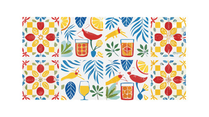 Tropical summer pattern design with fruits, drinks and leaves for textile and decor