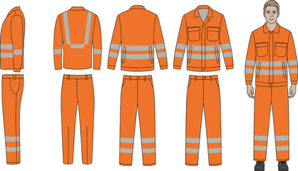 CAD drawing flat vector illustration of hi-vis safety uniform set, including jacket, pants, front side back view, technical garment template for industrial workwear
