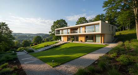 Naklejka premium Modern house atop grassy hill scenic views