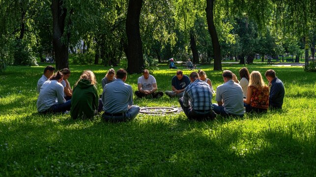 A diverse group of people are sitting in a circle on a sunny grassy field in a park under the trees participating in a group therapy session or team building.