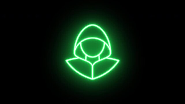 Neon hacker icon, uniform rotation with color blink. Glowing neon 3D cyber thief icon, looped spin with blink. Hacker with hood, scammer, data theft, hacking account, internet scam. 4 colors
