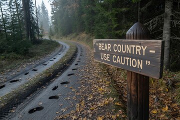 Explore wild nature safely with cautionary bear country sign in forest path on fall foliage