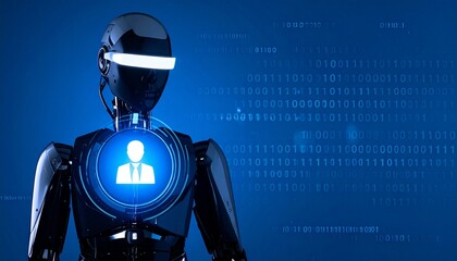 A futuristic robot with a glowing human icon on its chest, standing against a blue background with binary code. The robot exudes a sense of technological advancement and artificial intelligence