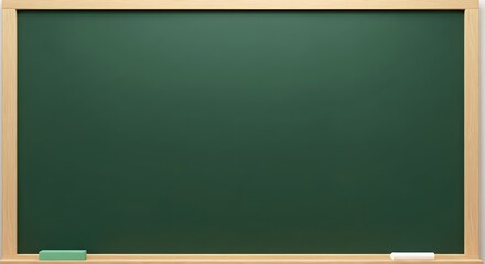 Clean, empty green chalkboard with a wooden frame and chalk, perfect for educational presentations and learning concepts.