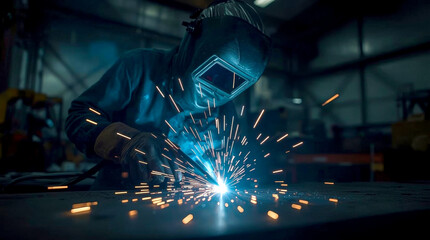 Workers wearing industrial uniforms and Welded Iron Mask at Steel welding plants, industrial safety first concept. welder working in a workshop. bright sparks