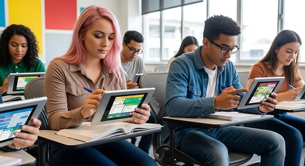Students using tablets in a classroom setting during a lesson with notebooks on their desks in a row