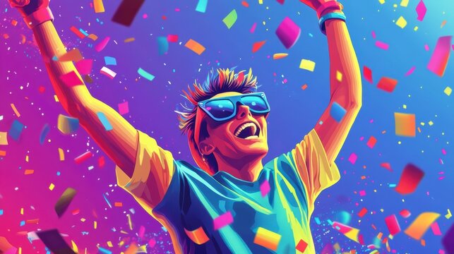Joyful man celebrating with confetti, vibrant colors, dynamic pose.
