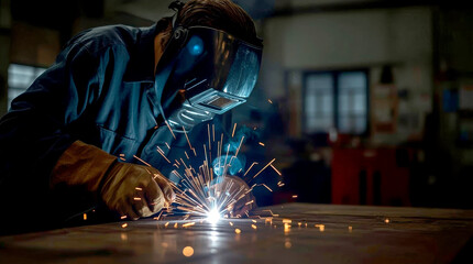 Workers wearing industrial uniforms and Welded Iron Mask at Steel welding plants, industrial safety first concept. welder working in a workshop. bright sparks