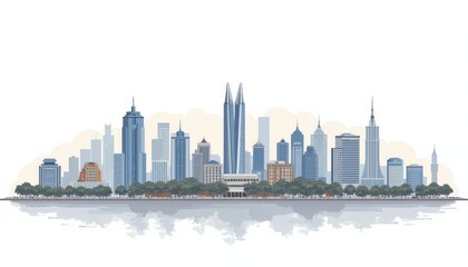 Fototapeta premium Stylized Cityscape with Reflections: Modern Buildings, Trees, and Water.