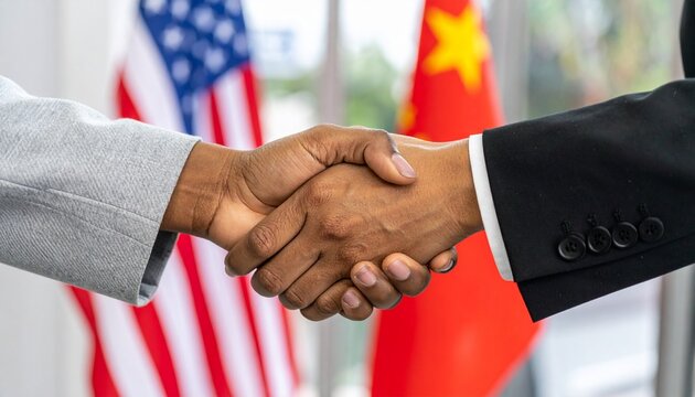 A close-up shot captures a handshake between two individuals against the backdrop of flags, potentially representing international collaboration. The handshake is a symbol of agreement.