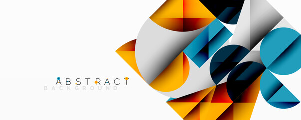 Geometric shapes overlap, creating dynamic composition. Orange, blue, white dominate design. Modern aesthetic, clean lines present.