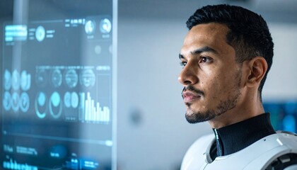 A man is carefully looking at a futuristic display of data