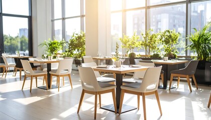 Obraz premium Sunlit restaurant interior with tables, chairs, and plants near large windows