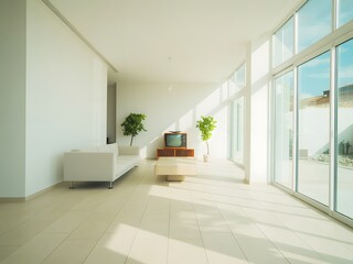 Modern living room with white sofa and vintage television image