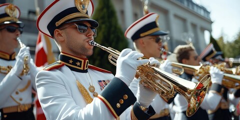 A young man in a marching band, wea a white uniform and sunglasses, plays a trumpet in a parade with other musicians in the background du the day.