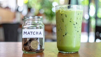 A Refreshing Matcha Iced Drink served with coins in the jar