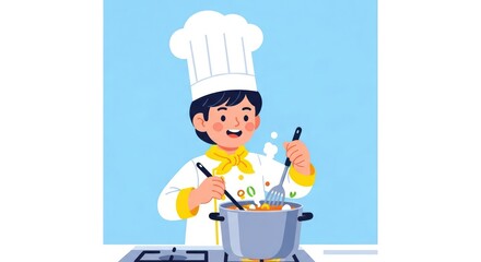 Joyful Cartoon Chef in a White Toque Happily Stirring a Colorful Stew