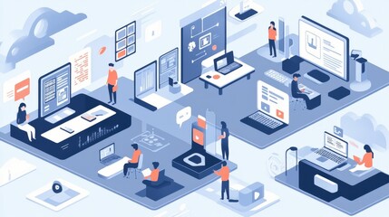 Obraz premium Diverse group of people working in an isometric office setting.