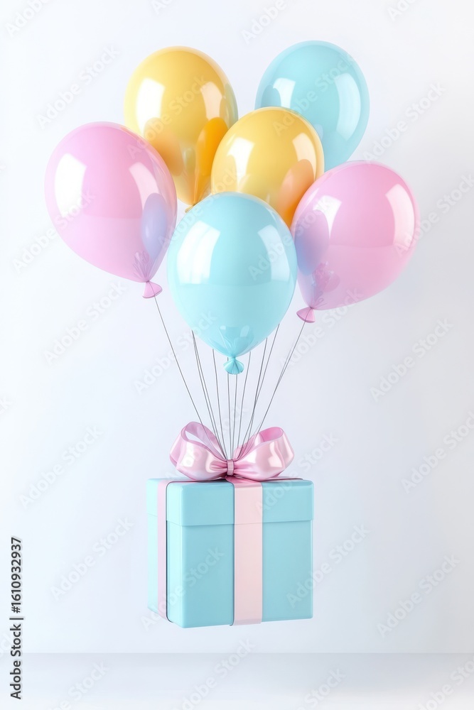 Canvas Prints gift box with balloons: a captivating and joyful arrangement features a present box adorned with a p