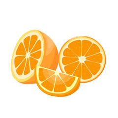 Orange. Set with half, round slice and wedge of orange on white background. Tropical fruits season.