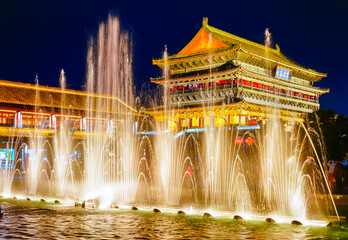 View of the historic bell tower at night in Xian, China.