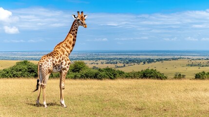 Obraz premium Majestic Giraffe in Savanna: A solitary giraffe stands tall against a stunning, expansive landscape of the African savanna.