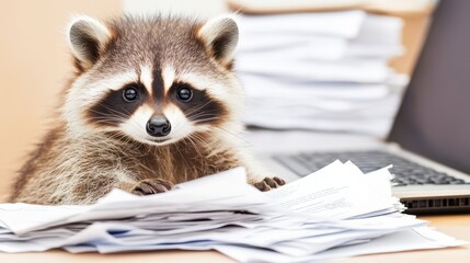 Curious Raccoon: A curious raccoon sits amidst a pile of papers, peering intently, with a laptop nearby, capturing a moment of playful interaction and a hint of mischief.